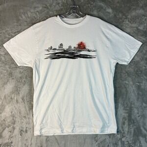 Vestige Mens XL White Graphic T-Shirt Artistic Pagoda Brushstroke 100% Cotton